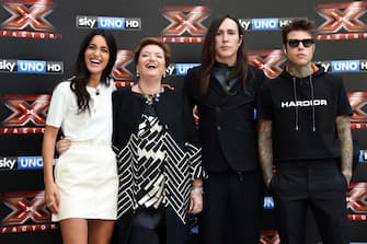 MILAN, ITALY - SEPTEMBER 13:  (L-R) Claudia Lagona also known as Levante, Mara Maionchi, Manuel Agnelli and Fedez attend X Factor 11 Photocall on September 13, 2017 in Milan, Italy.  (Photo by Pier Marco Tacca/Getty Images)