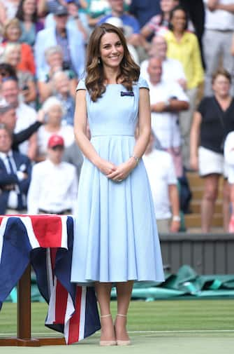 LONDON, ENGLAND - JULY 14: Catherine, Duchess of Cambridge on Centre court during Men's Finals Day of the Wimbledon Tennis Championships at All England Lawn Tennis and Croquet Club on July 14, 2019 in London, England. (Photo by Karwai Tang/Getty Images)