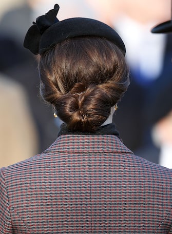 KING'S LYNN, UNITED KINGDOM - JANUARY 10: (EMBARGOED FOR PUBLICATION IN UK NEWSPAPERS UNTIL 48 HOURS AFTER CREATE DATE AND TIME) Catherine, Duchess of Cambridge (hair detail) attends a wreath laying ceremony to mark the 100th anniversary of the final withdrawal from the Gallipoli Peninsula at the War Memorial Cross, Sandringham on January 10, 2016 in King's Lynn, England. (Photo by Max Mumby/Indigo/Getty Images)