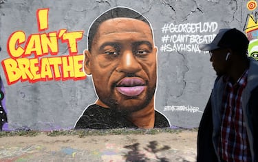 BERLIN, GERMANY - May 30: Street art  commemorating George Floyd, killed in police custody in Minneapolis after footage emerged of him pleading for air as a police officer kneeled on his neck, is seen on May 30, 2020 in Berlin, Germany. One of the four officers involved was arrested and charged with murder after three days of protests. (Photo by Adam Berry/Getty Images)