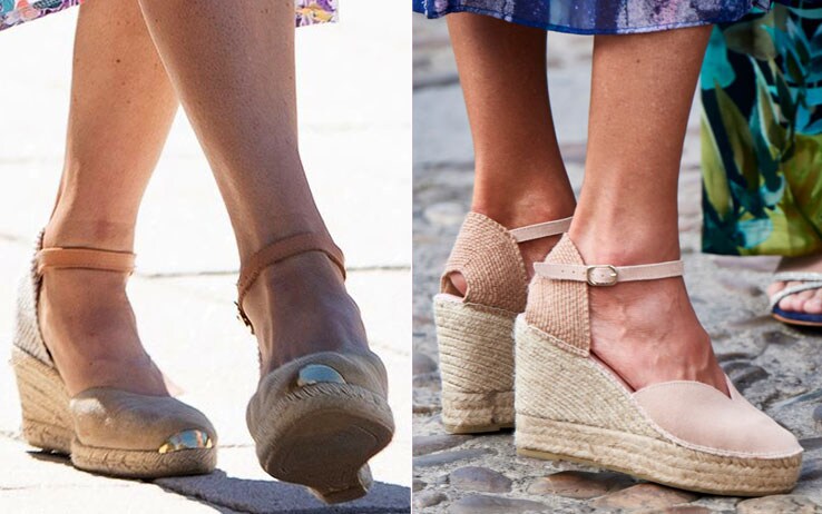 Le scarpe in corda indossate da Kate (sx) e Letizia di Spagna (dx) Le scarpe in corda indossate da Kate e Letizia di Spagna