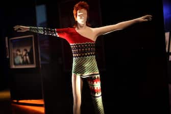 LONDON, ENGLAND - MARCH 28:  A costume designed by Japanese designer Kansai Yamamoto for David Bowie's Ziggy Stardust character is display at the Victoria and Albert museums' new major exhibition, 'British Design 1948-2012: Innovation In The Modern Age' on March 28, 2012 in London, England. The exhibition showcases some of the most iconic product design, fashion, furniture, graphics, architecture and fine art from the last 60 years, and opens to the public from March 31, 2012.  (Photo by Dan Kitwood/Getty Images)