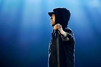 873359856 LONDON, ENGLAND - NOVEMBER 12: Eminem performs on stage during the MTV EMAs 2017 held at The SSE Arena, Wembley on November 12, 2017 in London, England. (Photo by Dave J Hogan/Getty Images for MTV)