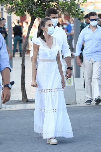 IBIZA, SPAIN - AUGUST 17: Queen Letizia of Spain is seen visiting the town of Sant Antoni de Portmany (San Antonio Abad), tour of the promenade and streets of the second most populated municipality and island tourist, on August 17, 2020 in Ibiza, Spain. (Photo by Carlos Alvarez/Getty Images)