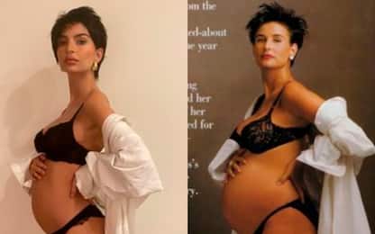 Emily Ratajkowski posa col pancione imitando Demi Moore