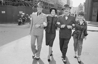 110170595 British actors Ian Charleson (1949 - 1990), Bernard Cribbins and Imelda Staunton, 3rd April 1984. They are starring in the musical 'Guys and Dolls' at the National Theatre in London. (Photo by Ken Towner/Express/Getty Images)