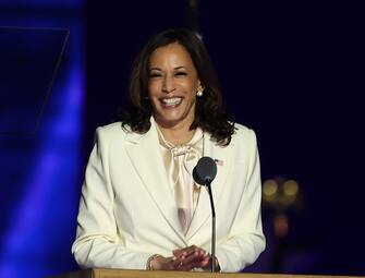 WILMINGTON, DELAWARE - NOVEMBER 07:  Vice President-elect Kamala Harris takes the stage before President-elect Biden addresses the nation from the Chase Center November 07, 2020 in Wilmington, Delaware. After four days of counting the high volume of mail-in ballots in key battleground states due to the coronavirus pandemic, the race was called for Biden after a contentious election battle against incumbent Republican President Donald Trump. (Photo by Tasos Katopodis/Getty Images)