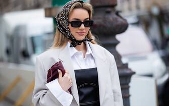 PARIS, FRANCE - SEPTEMBER 29: A guest is seen wearing corset, head scarf, blazer, white button shirt worn as a dress outside Victoria/Tomas during Paris Fashion Week - Womenswear Spring Summer 2021 : Day Two on September 29, 2020 in Paris, France. (Photo by Christian Vierig/Getty Images)