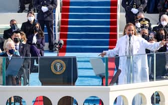 WASHINGTON, DC - JANUARY 20: Jennifer Lopez sing during the inauguration of U.S. President-elect Joe Biden on the West Front of the U.S. Capitol on January 20, 2021 in Washington, DC.  During today's inauguration ceremony Joe Biden becomes the 46th president of the United States. (Photo by Rob Carr/Getty Images)