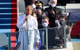 WASHINGTON, DC - JANUARY 20: Jennifer Lopez sings during the inauguration of U.S. President-elect Joe Biden on the West Front of the U.S. Capitol on January 20, 2021 in Washington, DC.  During today's inauguration ceremony Joe Biden becomes the 46th president of the United States. (Photo by Rob Carr/Getty Images)