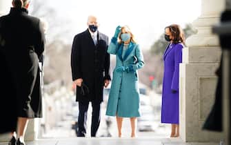 President-elect Joe Biden (L) and  Jill Biden (C) with Vice President-elect Kamala Harris (R) arrive at the East Front of the US Capitol for his inauguration ceremony to be the 46th President of the United States in Washington, DC, on January 20, 2021. (Photo by JIM LO SCALZO / POOL / AFP) (Photo by JIM LO SCALZO/POOL/AFP via Getty Images)