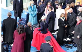 WASHINGTON, DC - JANUARY 20: Lady Gaga arrives to sing the National Anthem at the inauguration of U.S. President-elect Joe Biden on the West Front of the U.S. Capitol on January 20, 2021 in Washington, DC.  During today's inauguration ceremony Joe Biden becomes the 46th president of the United States. (Photo by Tasos Katopodis/Getty Images)