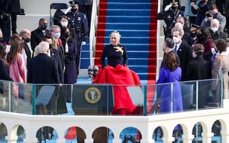 WASHINGTON, DC - JANUARY 20: Lady Gaga arrives to sing the National Anthem at the inauguration of U.S. President-elect Joe Biden on the West Front of the U.S. Capitol on January 20, 2021 in Washington, DC.  During today's inauguration ceremony Joe Biden becomes the 46th president of the United States. (Photo by Rob Carr/Getty Images)
