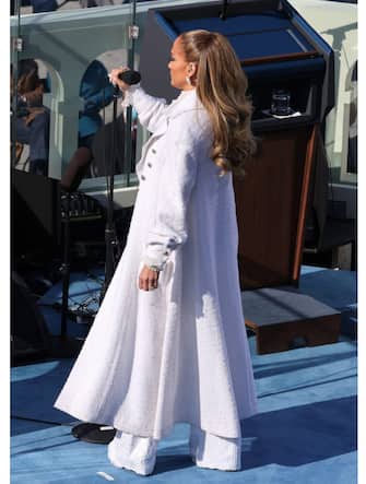 WASHINGTON, DC - JANUARY 20: Jennifer Lopez gets ready to sing during the inauguration of U.S. President-elect Joe Biden on the West Front of the U.S. Capitol on January 20, 2021 in Washington, DC.  During today's inauguration ceremony Joe Biden becomes the 46th president of the United States. (Photo by Tasos Katopodis/Getty Images)