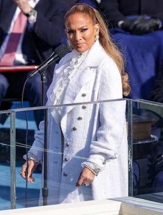 WASHINGTON, DC - JANUARY 20: Jennifer Lopez looks on during the inauguration of U.S. President-elect Joe Biden on the West Front of the U.S. Capitol on January 20, 2021 in Washington, DC.  During today's inauguration ceremony Joe Biden becomes the 46th president of the United States. (Photo by Alex Wong/Getty Images)