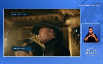 UNSPECIFIED - JANUARY 20: In this screengrab, Tim McGraw performs during the Celebrating America Primetime Special on January 20, 2021. The livestream event hosted by Tom Hanks features remarks by president-elect Joe Biden and vice president-elect Kamala Harris and performances representing diverse American talent.  (Photo by Handout/Biden Inaugural Committee via Getty Images )