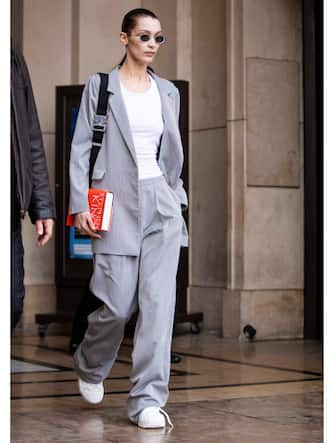 PARIS, FRANCE - MARCH 02: Bella Hadid is seen outside Haider Ackermann on Day 6 Paris Fashion Week Autumn/Winter 2019/20 on March 2, 2019 in Paris, France. (Photo by Claudio Lavenia/Getty Images)