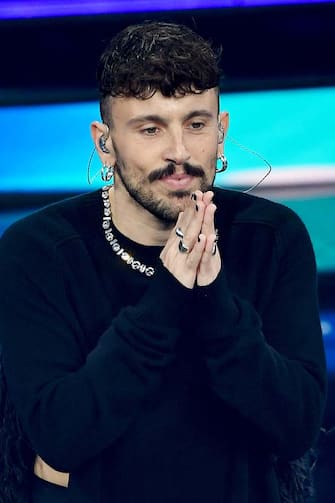 SANREMO, ITALY - MARCH 05:  Aiello is seen on stage during the 71th Sanremo Music Festival 2021 at Teatro Ariston on March 05, 2021 in Sanremo, Italy. (Photo by Jacopo Raule / Daniele Venturelli/Getty Images)
