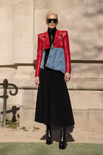 PARIS, FRANCE - FEBRUARY 27: A guest is seen on the street attending Unravel Project during Paris Fashion Week AW19 wearing Unravel Project on February 27, 2019 in Paris, France. (Photo by Matthew Sperzel/Getty Images)