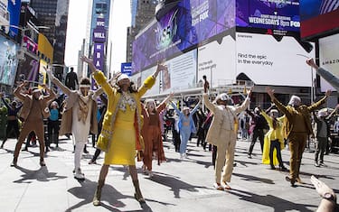 NEW YORK, NEW YORK - MARCH 12: Jackie Cox, Andre De Shields, Charl Brown, Heath Saunders and Ryann Redmond perform during "We Will Be Back" Broadway Celebration at Times Square on March 12, 2021 in New York City. (Photo by Santiago Felipe/Getty Images)