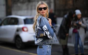 MILAN, ITALY - FEBRUARY 21: Stella Maxwell is seen wearing a jeansjacket before Etro during Milan Fashion Week Fall/Winter 2020-2021 on February 21, 2020 in Milan, Italy. (Photo by Jeremy Moeller/Getty Images)