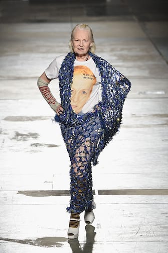 MILAN, ITALY - JUNE 19:  Designer Vivienne Westwood acknowledges the applause of the public after the Vivienne Westwood show during  Milan Men's Fashion Week Spring/Summer 2017 on June 19, 2016 in Milan, Italy.  (Photo by Victor Boyko/Getty Images)