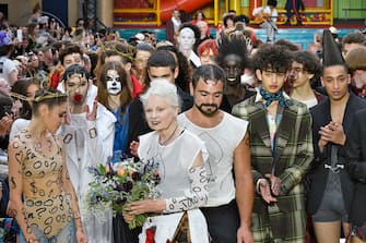 LONDON, ENGLAND - JUNE 12: Vivienne Westwood walks the runway at the Vivenne Westwood fashion show during the London Fashion Week Men's June 2017 Spring Summer 2018 collections on June 12, 2017 in London, England. (Photo by Victor VIRGILE/Gamma-Rapho via Getty Images)