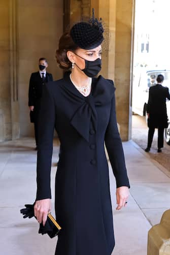 WINDSOR, ENGLAND - APRIL 17: Catherine, Duchess of Cambridge  during the funeral of Prince Philip, Duke of Edinburgh at Windsor Castle on April 17, 2021 in Windsor, England. Prince Philip of Greece and Denmark was born 10 June 1921, in Greece. He served in the British Royal Navy and fought in WWII. He married the then Princess Elizabeth on 20 November 1947 and was created Duke of Edinburgh, Earl of Merioneth, and Baron Greenwich by King VI. He served as Prince Consort to Queen Elizabeth II until his death on April 9 2021, months short of his 100th birthday. His funeral takes place today at Windsor Castle with only 30 guests invited due to Coronavirus pandemic restrictions. (Photo by Chris Jackson/WPA Pool/Getty Images)