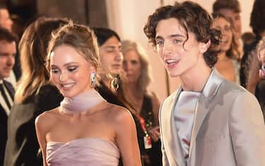 VENICE, ITALY - SEPTEMBER 02: Lily Rose Depp and Timothee Chalamet attend "The King" red carpet during the 76th Venice Film Festival at Sala Grande on September 02, 2019 in Venice, Italy. (Photo by Stephane Cardinale - Corbis/Corbis via Getty Images)