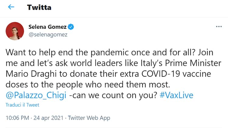 Selena Gomez a Mario Draghi: 'Insieme per sconfiggere la pandemia' | Sky  TG24