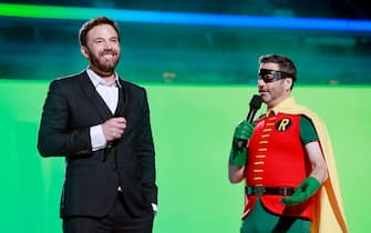 INGLEWOOD, CALIFORNIA: In this image released on May 2, (L-R) Ben Affleck and Jimmy Kimmel (in costume as Robin) speak onstage during Global Citizen VAX LIVE: The Concert To Reunite The World at SoFi Stadium in Inglewood, California. Global Citizen VAX LIVE: The Concert To Reunite The World will be broadcast on May 8, 2021. (Photo by Emma McIntyre/Getty Images for Global Citizen VAX LIVE)