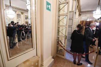 President of Confcommercio, Carlo Sangalli,wearing a face mask, enters in the foyer of the Teatro alla Scala to attend the concert directed by the musical director Riccardo Chailly that commemorates the 75th anniversary of the reopening of the Piermarini Hall after the years of the dictatorship, the II World War and the bombing with the historic concert directed by Arturo Toscanini on 11 May 1946, Milan, Italy, 10 May 2021. Today's concert is the first event with the presence of audience since 19 October 2020. Only 500 tickets of the approximately 2000 seats were made available as required by current anti-covid legislation. ANSA/DANIEL DAL ZENNARO