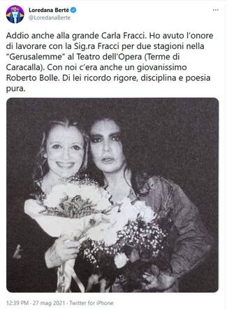 Il ricordo social di Loredana Bertè per Carla Fracci, postato sul profilo Twitter della cantante