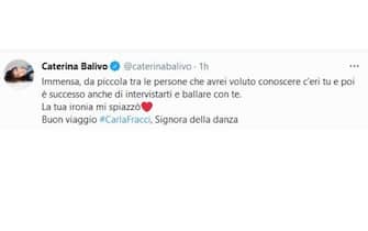 La conduttrice tv Caterina Balivo a ricorda su Twitter Carla Fracci, la ballerina morta all'età di 84 anni