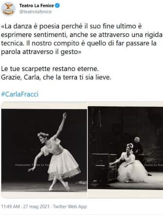 Il Teatro La Fenice ricorda con un post su Twitter Carla Fracci, l'étoile scomparsa a 84 anni