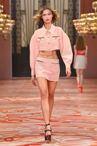 SYDNEY, AUSTRALIA - MAY 31: A model walks the runway during the Alice McCall show during Afterpay Australian Fashion Week 2021 Resort '22 Collections at Carriageworks on May 31, 2021 in Sydney, Australia. (Photo by Stefan Gosatti/Getty Images)