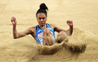 TORUN, POLAND - MARCH 06: Larissa Iapichino of Italy competes in the Women's Long Jump final during the second session on Day 2 of European Athletics Indoor Championships at Arena Torun on March 06, 2021 in Torun, Poland. Sporting stadiums around Poland remain under strict restrictions due to the Coronavirus Pandemic as Government social distancing laws prohibit fans inside venues resulting in games being played behind closed doors.on March 06, 2021 in Torun, Poland. (Photo by Alexander Hassenstein/Getty Images for European Athletics)