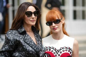 PARIS, FRANCE - JULY 05: Monica Bellucci and Jessica Chastain are seen, outside Dior, during Paris Fashion Week - Haute Couture Fall/Winter 2021/2022, on July 05, 2021 in Paris, France. (Photo by Edward Berthelot/Getty Images)