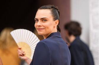 PARIS, FRANCE - JULY 05: Cara Delevingne is seen, outside Dior, during Paris Fashion Week - Haute Couture Fall/Winter 2021/2022, on July 05, 2021 in Paris, France. (Photo by Edward Berthelot/Getty Images)