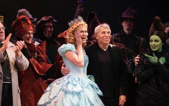 NEW YORK, NEW YORK - SEPTEMBER 14: Ginna Claire Mason, Stephen Schwartz and Lindsay Pearce during curtain call of the Broadway reopening of "Wicked" at Gershwin Theatre on September 14, 2021 in New York City. (Photo by Jenny Anderson/Getty Images)