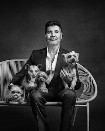 Simon Cowell with Squiddly, Diddly, Freddy and Daisy. See SWNS story SWBRdogs. Celebrity portrait photographer Andy Gotts has created a series of stunning images of the UK's most famous faces - and their dogs. The world-renowned photographer has teamed up with Guide Dogs and its A-list supporters to shine a light on the stars’ most loyal fans. Simon Cowell, David Walliams, Tilda Swinton and Fiona Bruce were among the celebs who posed with their pooches to celebrate the charity’s 90th anniversary and help launch the 2021 Guide Dogs Appeal to fund life-changing services for people with sight loss. David Walliams, who was photographed with border terriers Bert and Ernie, said: “Guide Dogs is such an amazing charity and is one of the first charities you hear about as a child. 
