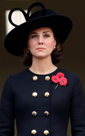 LONDON, UNITED KINGDOM - NOVEMBER 12: (EMBARGOED FOR PUBLICATION IN UK NEWSPAPERS UNTIL 48 HOURS AFTER CREATE DATE AND TIME) Catherine, Duchess of Cambridge attends the annual Remembrance Sunday Service at The Cenotaph on November 12, 2017 in London, England. This year marks the first time that Queen Elizabeth II watched the service from a balcony rather than lay her own wreath, instead Prince Charles, Prince of Wales laid her wreath on her behalf. (Photo by Max Mumby/Indigo/Getty Images)