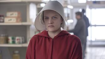 The Handmaid's Tale -- "Unfit" - Episode 308 -- June and the rest of the Handmaids shun Ofmatthew, and both are pushed to their limit at the hands of Aunt Lydia. Aunt Lydia reflects on her life and relationships before the rise of Gilead. June (Elisabeth Moss), shown. (Photo by: Jasper Savage/Hulu)