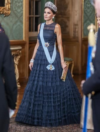 Queen Letizia of Spain attending a gala dinner held by the Swedish royal couple in honor of the Spanish royal couple at the royal palace in Stockholm, Sweden, November 24, 2021. Spain's royals are on a two-day state visit in the country. Photo by Robert Eklund/Stella Pictures/ABACAPRESS.COM