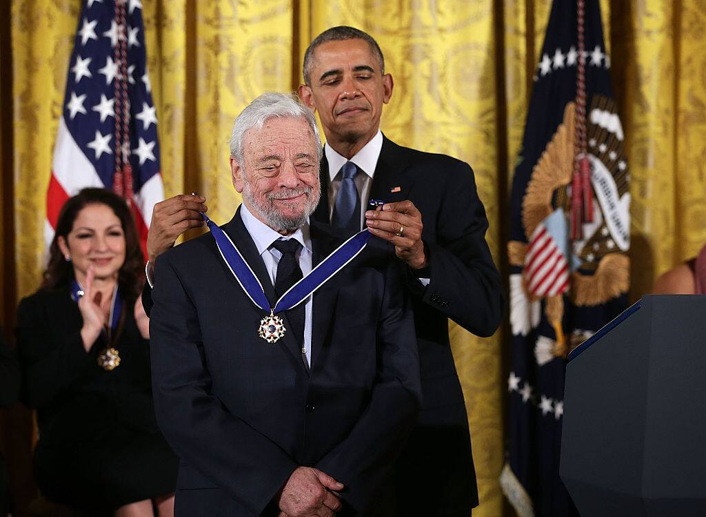 WASHINGTON, DC - NOVEMBER 24:  U.S. President Barack Obama (R) presents the Presidential Medal of Freedom to theater composer and lyricist Stephen Sondheim   during an East Room ceremony November 24, 2015 at the White House in Washington, DC. Seventeen recipients were awarded with the nationÃ s highest civilian honor.  (Photo by Alex Wong/Getty Images)