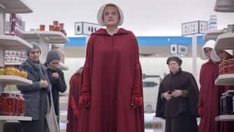 The Handmaid's Tale -- "Unfit" - Episode 308 -- June and the rest of the Handmaids shun Ofmatthew, and both are pushed to their limit at the hands of Aunt Lydia. Aunt Lydia reflects on her life and relationships before the rise of Gilead. June (Elisabeth Moss), Aunt Lydia (Ann Dowd), Alma (Nina Kiri), and Brianna (Bahia Watson), shown. (Photo by: Jasper Savage/Hulu)