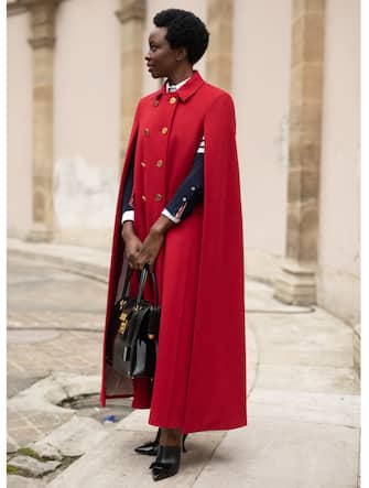 PARIS, FRANCE - MARCH 03: Danai Gurira is seen on the street attending THOM BROWNE during Paris Fashion Week AW19 wearing THOM BROWNE red coat and black bag on March 03, 2019 in Paris, France. (Photo by Matthew Sperzel/Getty Images)