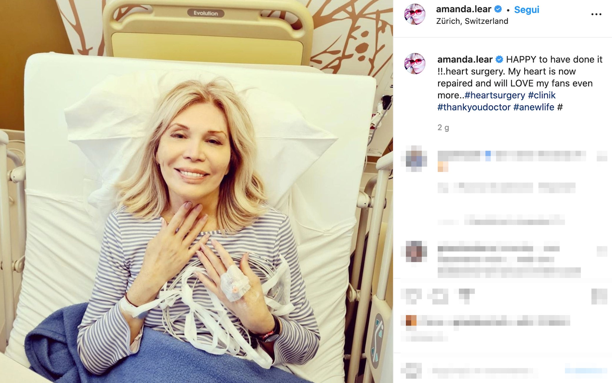 Amanda Lear publie une photo sur Instagram après une opération cardiaque avec des mots d’amour aux fans