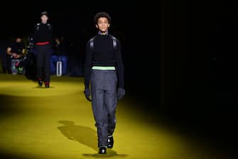 US actor Jaden Michael presents a creation for Prada's Men's Fall / Winter 2022/2023 fashion collection on January 16, 2022 in Milan.  (Photo by MIGUEL MEDINA / AFP) (Photo by MIGUEL MEDINA / AFP via Getty Images)