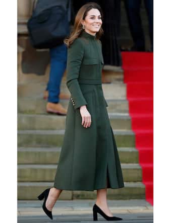 BRADFORD, UNITED KINGDOM - JANUARY 15: (EMBARGOED FOR PUBLICATION IN UK NEWSPAPERS UNTIL 24 HOURS AFTER CREATE DATE AND TIME) Catherine, Duchess of Cambridge arrives for a visit to City Hall in Bradford's Centenary Square before meeting members of the public during a walkabout on January 15, 2020 in Bradford, England. (Photo by Max Mumby/Indigo/Getty Images),
